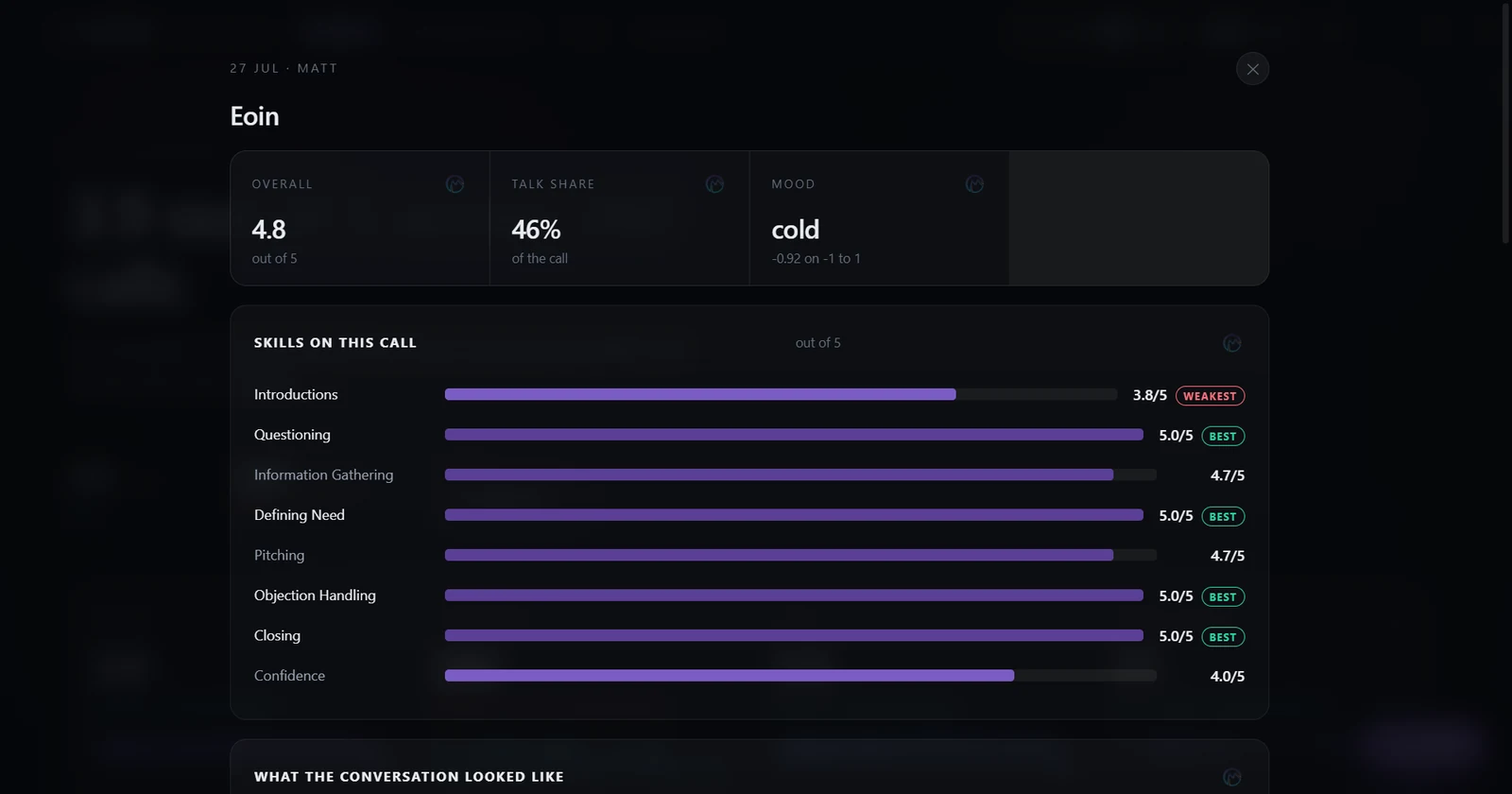 A scored call in MILO: skills broken down across the core competencies