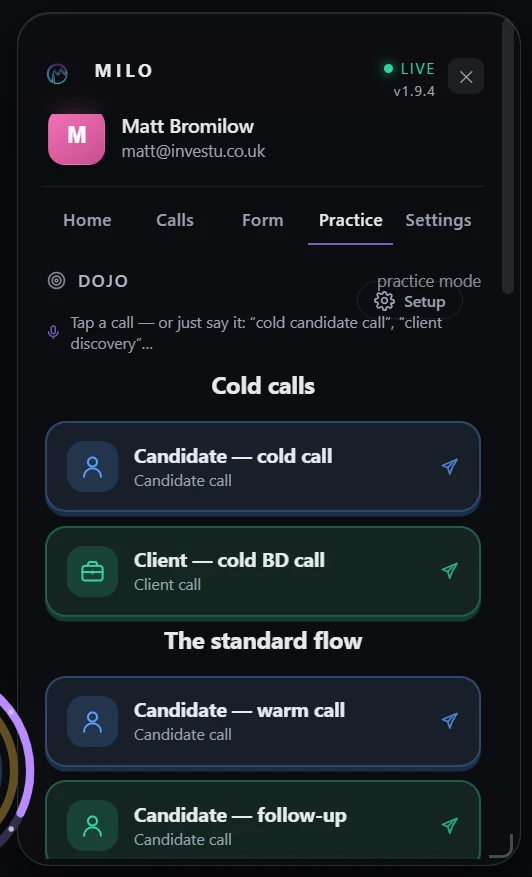 Choosing a practice scenario in MILO's Dojo: candidate cold call or client business development call
